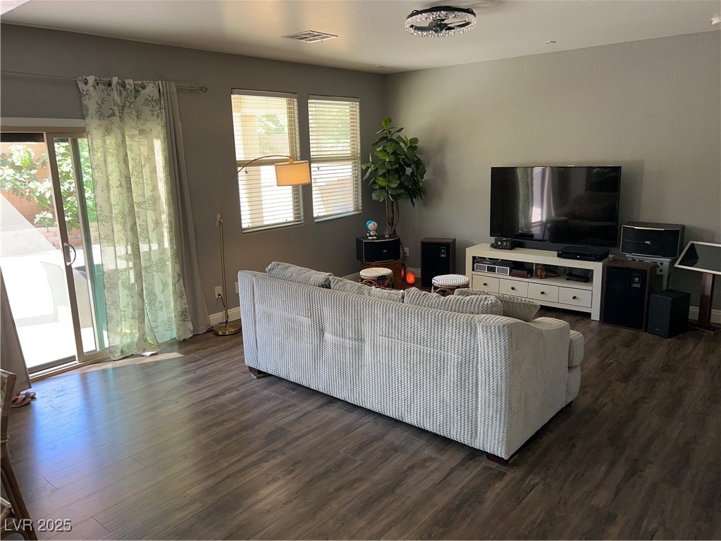 8977 Melridge Road Las Vegas, NV 89148 - Photo 19 of 35 Living room with visible vents and dark wood-style floors