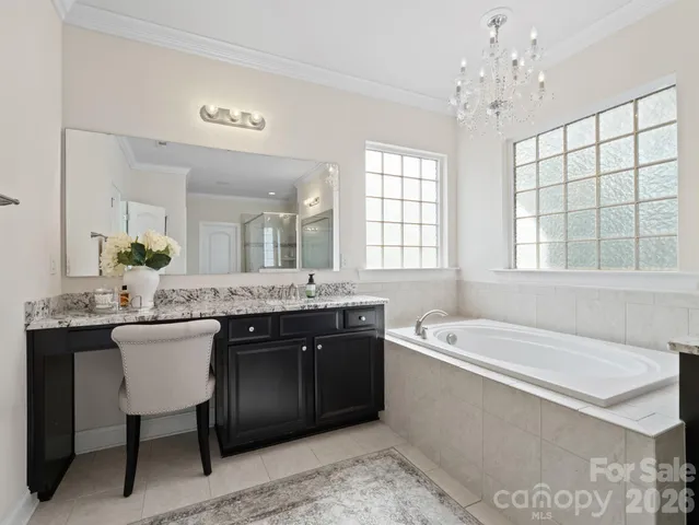 a bathroom with a granite countertop bathtub a sink and a large mirror