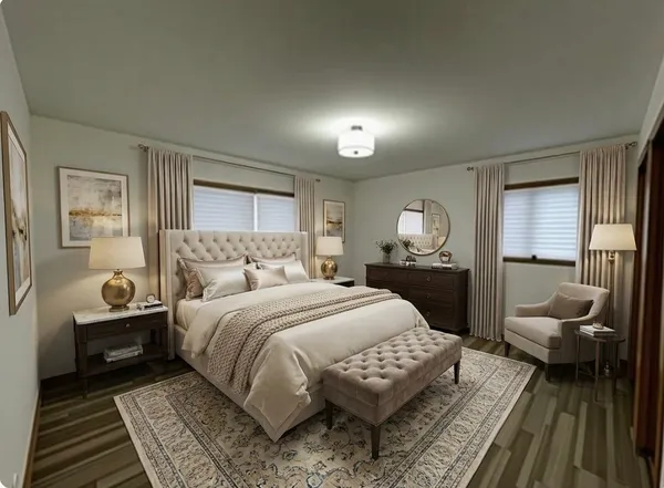 a spacious bedroom with a bed and window