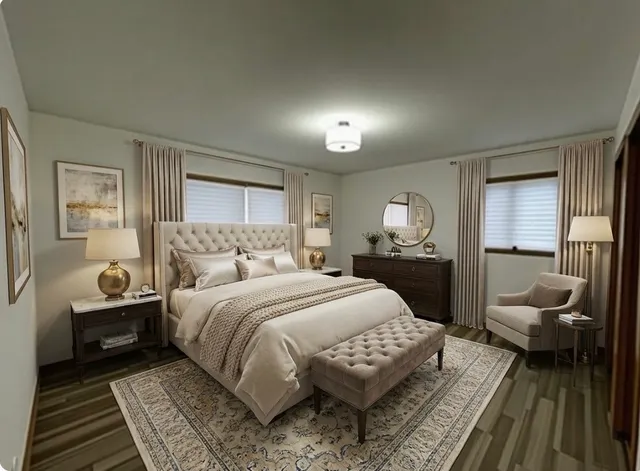 a spacious bedroom with a bed and window