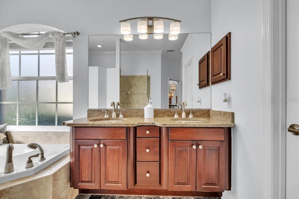 709 Country Meadows Way Bradenton, FL 34212 - Photo 43 of 97 a bathroom with a granite countertop sink a large mirror and a window