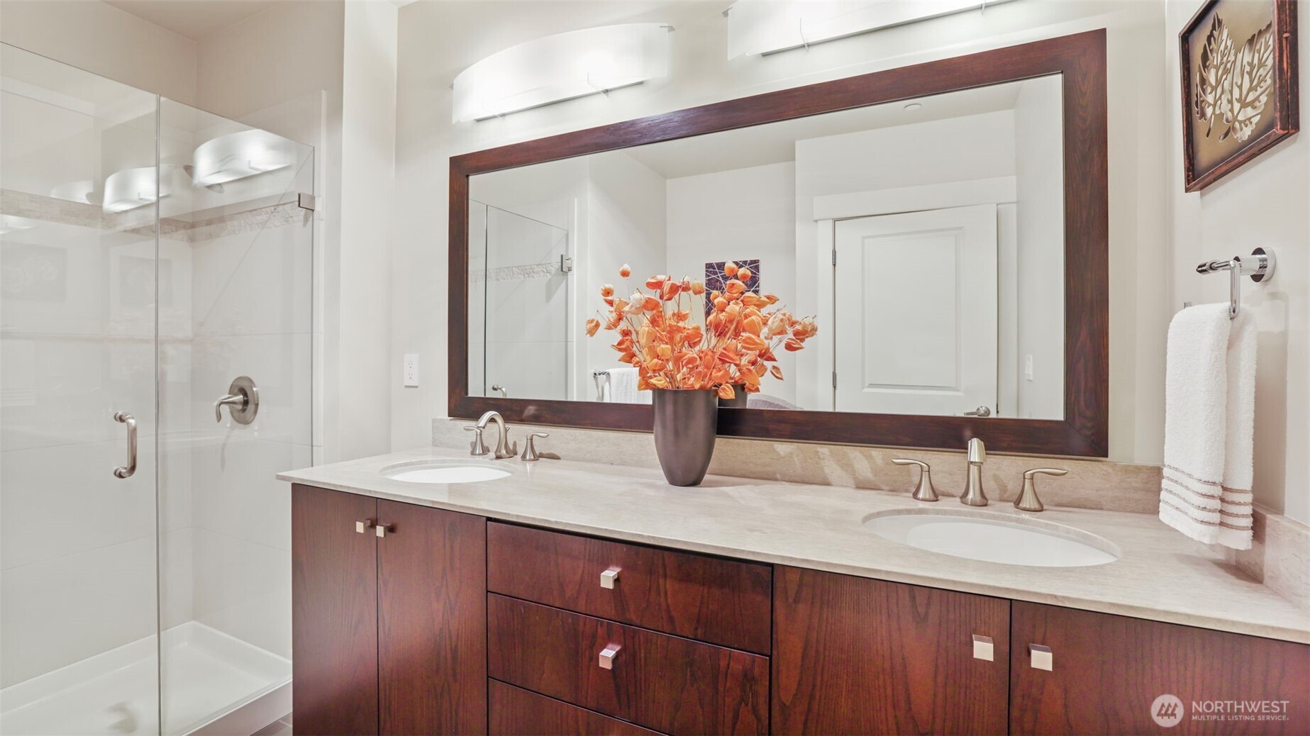 699 John Street, Unit 513 Seattle, WA 98109 - Photo 17 of 33 a bathroom with a granite countertop sink and a mirror