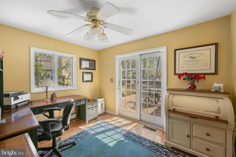 a workspace with chandelier