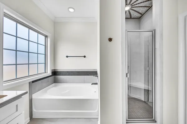 a bathroom with a bathtub and a shower