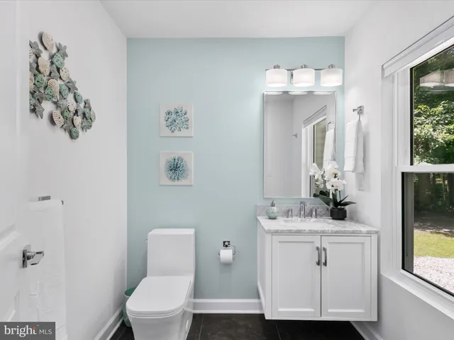 a bathroom with a sink mirror and toilet