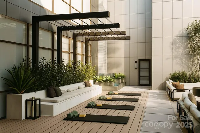 a view of a patio with couches table and chairs with potted plants