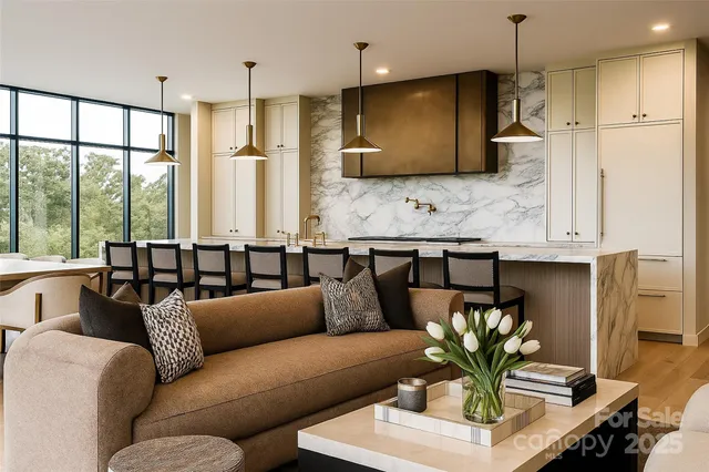 a living room with stainless steel appliances granite countertop furniture a couch and a chandelier