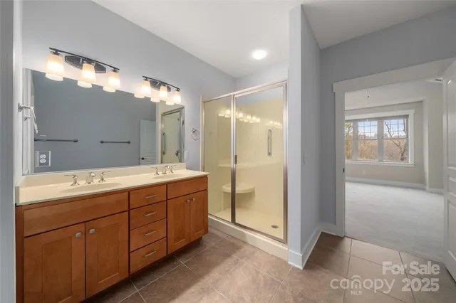 a bathroom with a double vanity sink mirror and shower