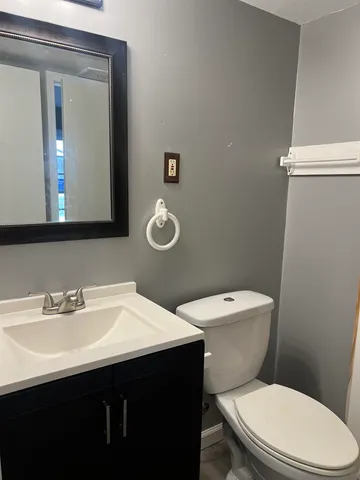 a bathroom with a toilet a sink and mirror