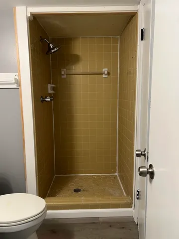 a bathroom with a granite countertop bathtub shower