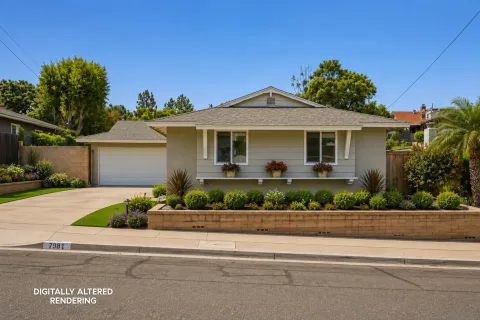a front view of a house with a yard and potted plants