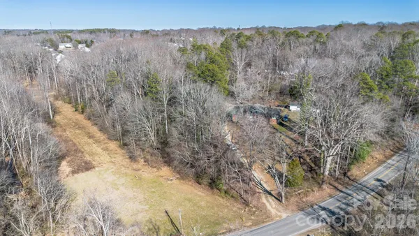 a view of a dry yard with trees in the background
