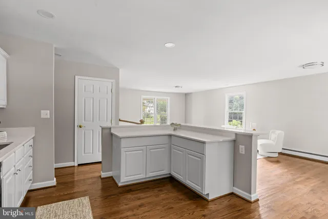 a kitchen with a sink cabinets and wooden floor