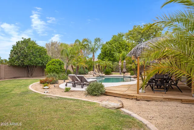 an aerial view of a swimming pool