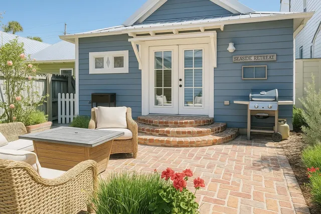 a view of a house with backyard and sitting area