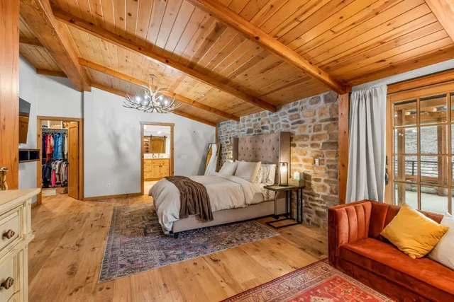 an aerial view of a house with a garden