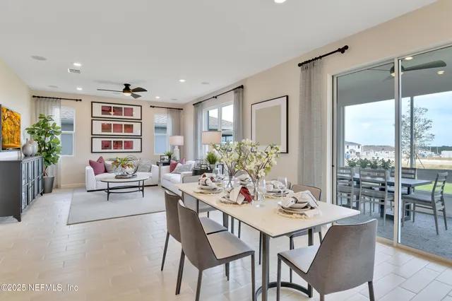 a view of a dining room with furniture window and outside view