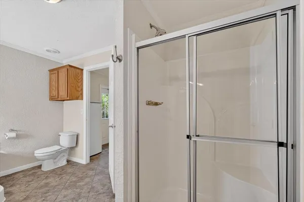 a bathroom with a shower and a toilet