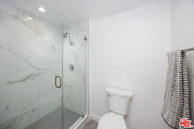 a bathroom with a shower and toilet