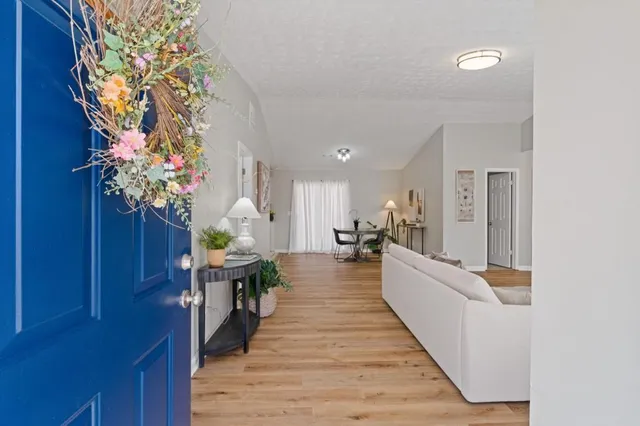 a living room with furniture and a potted plant