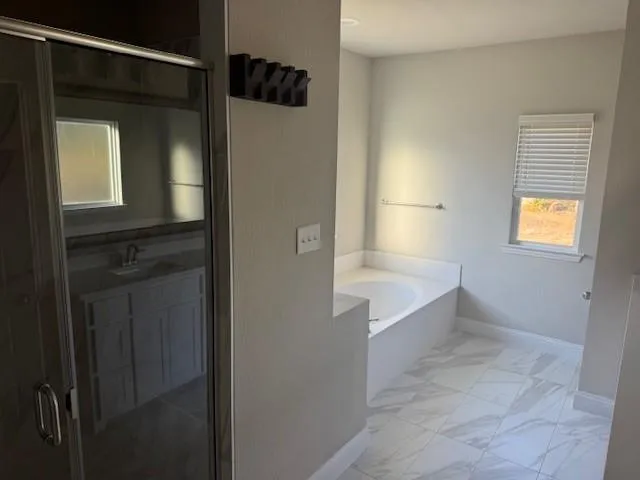 a bathroom with a bathtub and a shower