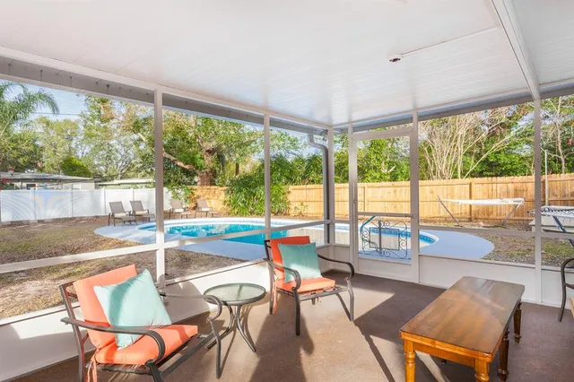 a view of a swimming pool with a yard