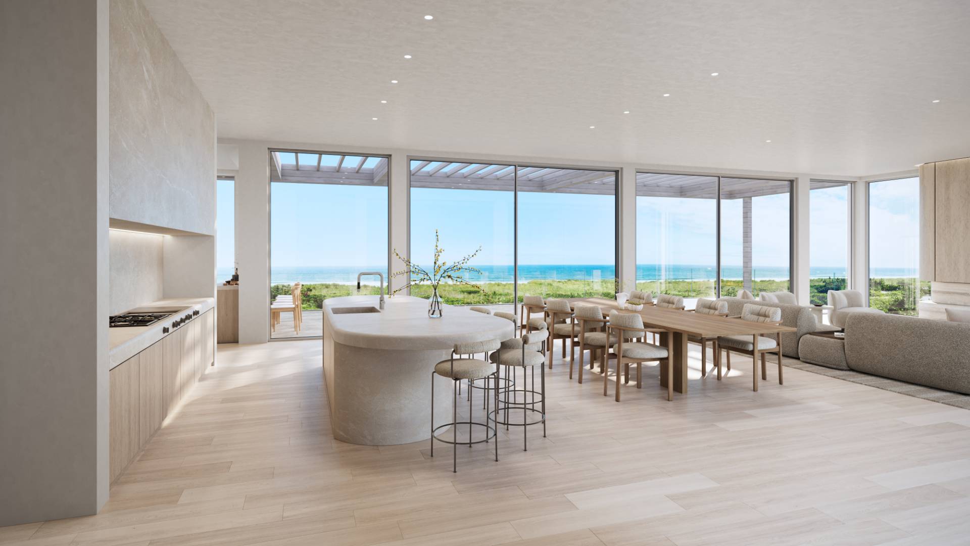 125 Dune Road Bridgehampton, NY 11932 - Photo 7 of 27 a living room with furniture large windows and view of dining hall with wooden floor
