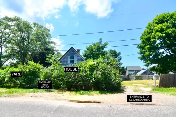 a view of a house with a yard and potted plants