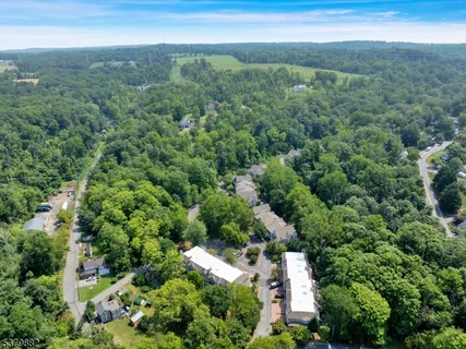 an aerial view of residential houses with outdoor space and trees