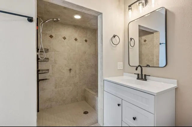 a bathroom with a shower sink and mirror