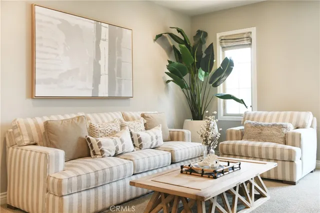 a living room with furniture a couch and a potted plant