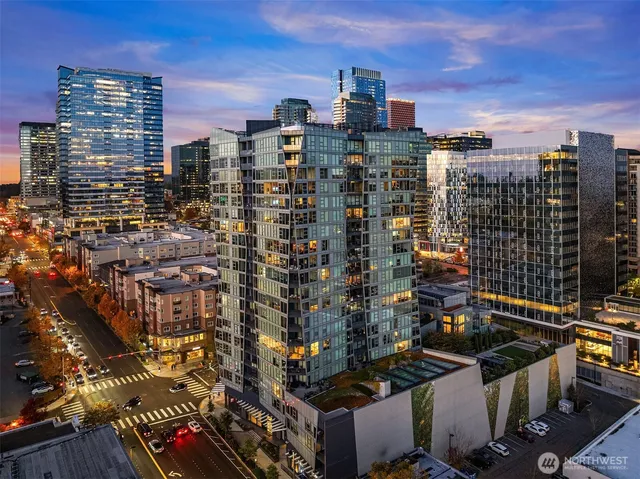 a city view with tall buildings