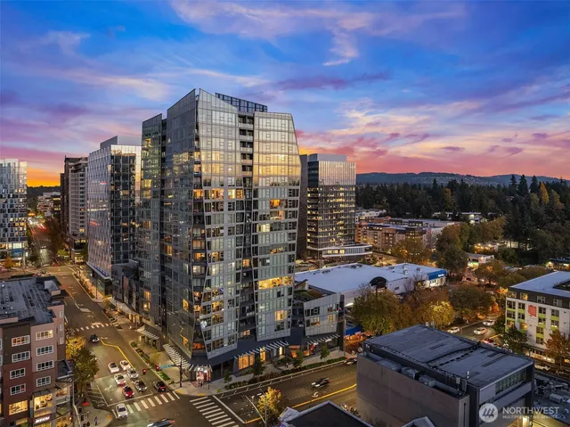 a city view with tall buildings