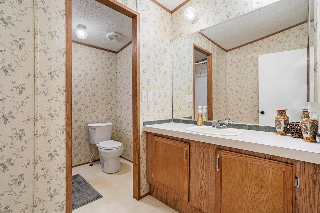 359 Norton Bridge Road Chatsworth, GA 30705 - Photo 22 of 28 a bathroom with a granite countertop sink mirror vanity and toilet