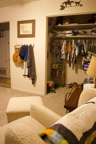 a bedroom with a bed and a walk in closet