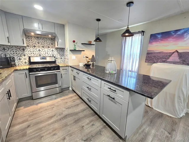 a kitchen with stainless steel appliances granite countertop a stove a sink and a refrigerator