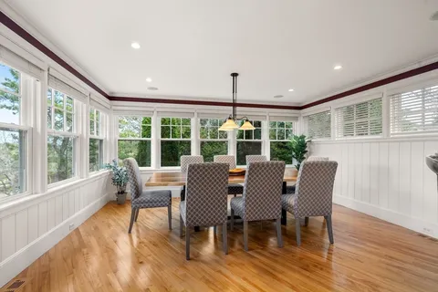 a view of a dining room with furniture window and wooden floor