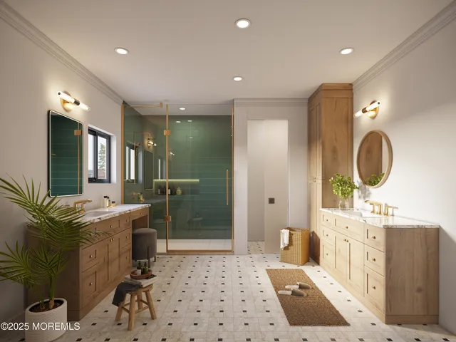 a spacious bathroom with a double vanity sink a mirror and shower