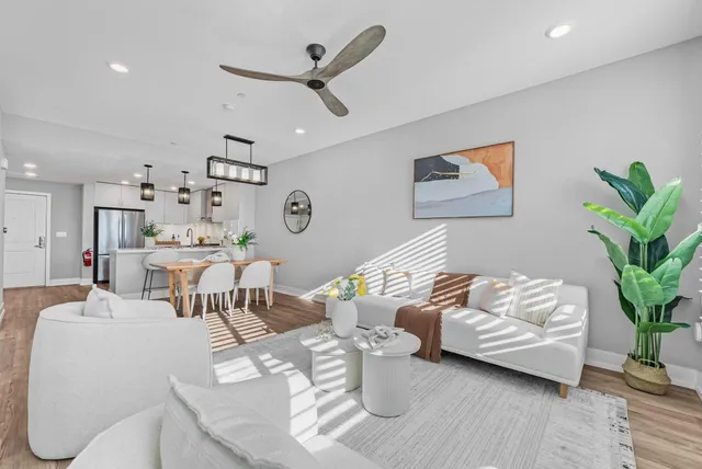 a living room with furniture and a potted plant