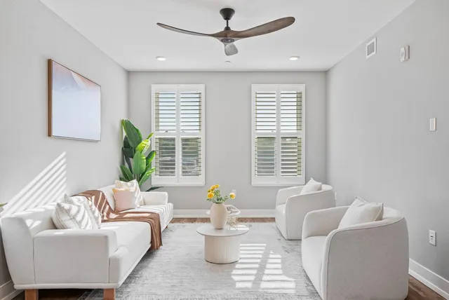 a living room with furniture and a potted plant