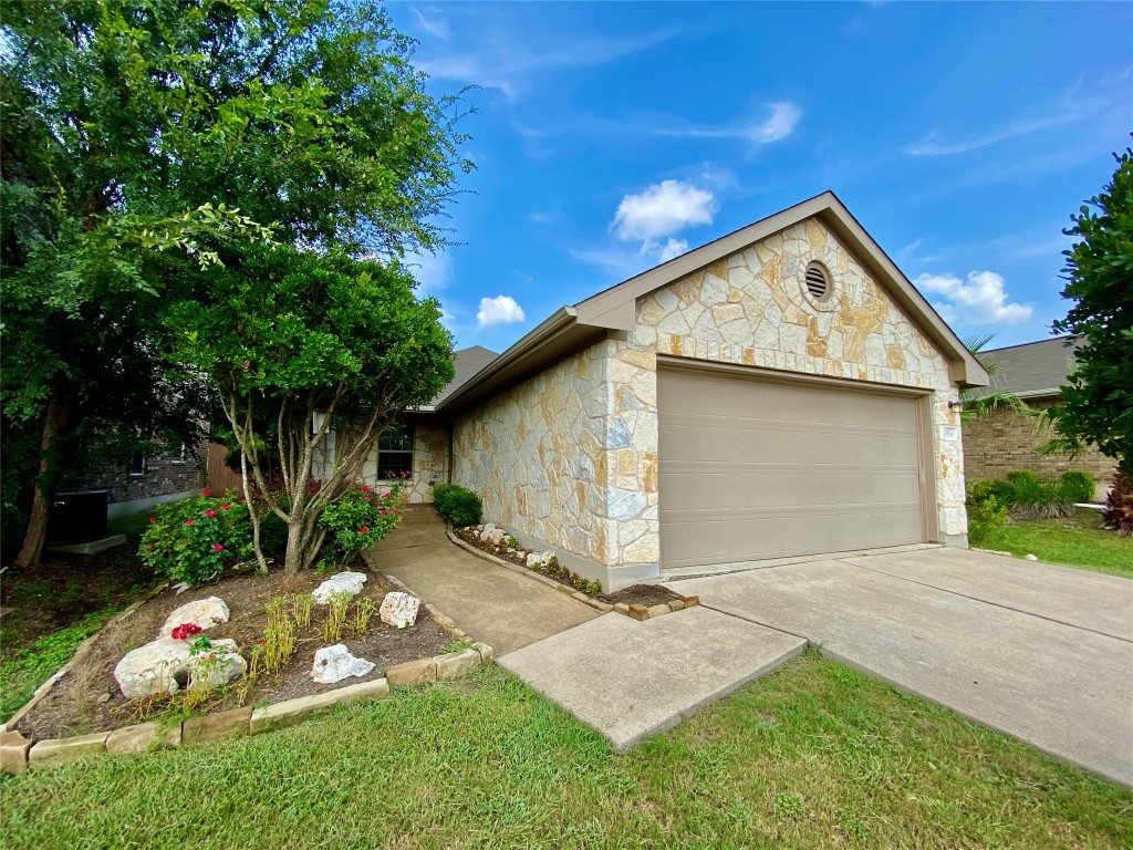 a view of backyard with a barn and a large tree