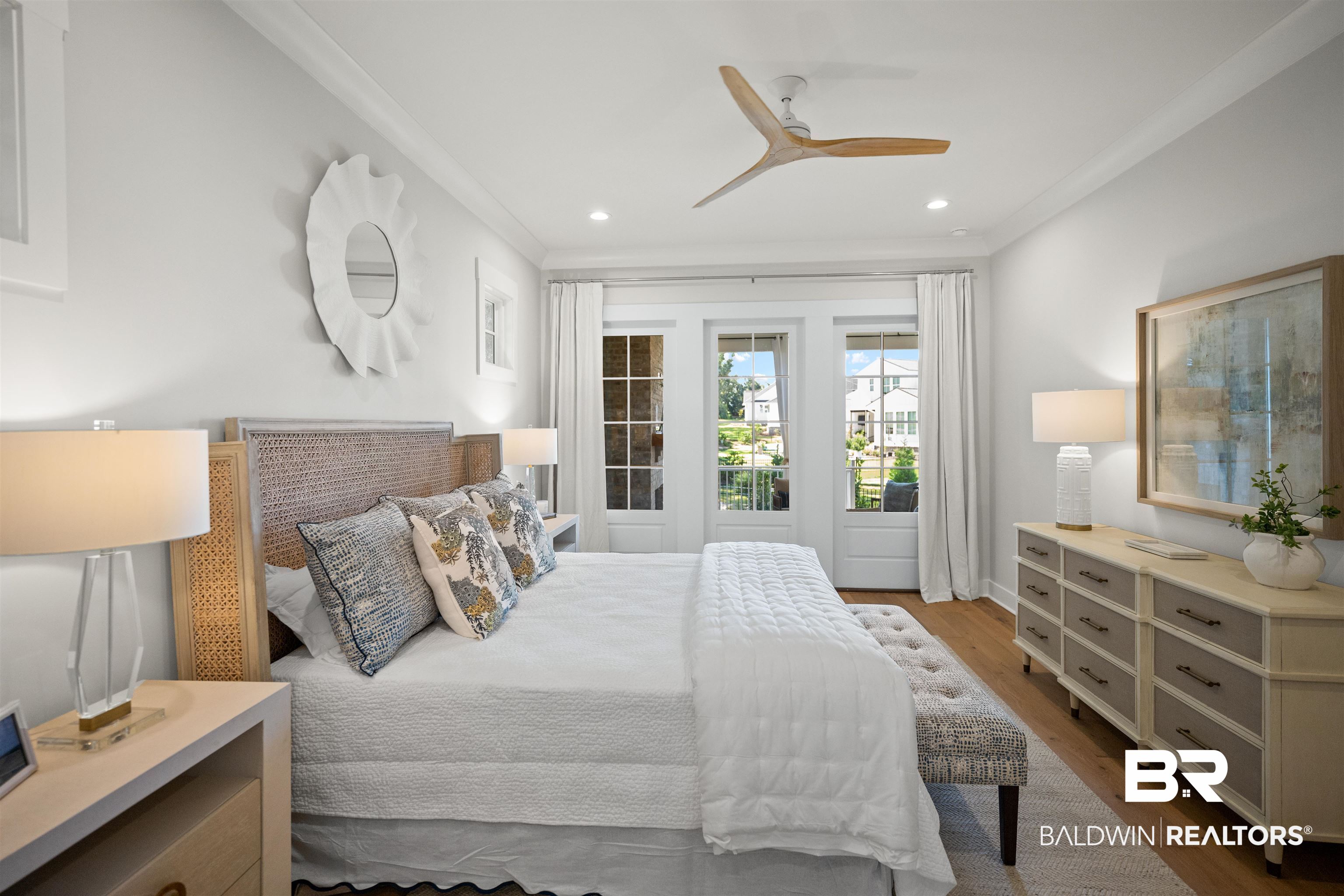 156 Hyacinth Street Fairhope, AL 36532 - Photo 44 of 61 Bedroom featuring crown molding, wood finished floors, ceiling fan, and recessed lighting