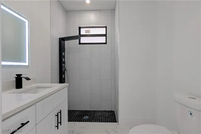 a bathroom with a sink a toilet and mirror