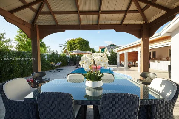 a swimming pool with some trees in the background