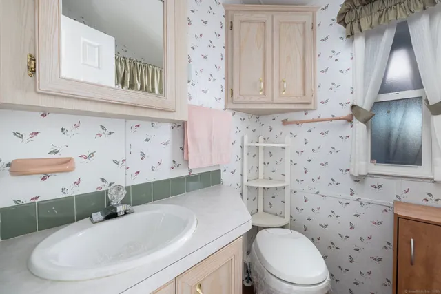 a bathroom with a sink a toilet and a mirror