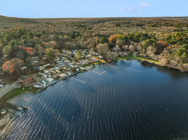 an aerial view of residential houses with outdoor space and trees