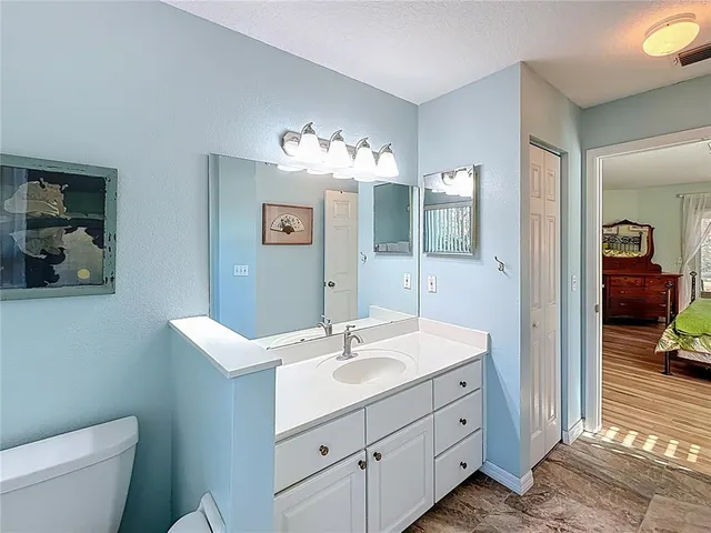 a bathroom with a toilet a sink a mirror and vanity