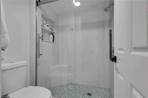 a bathroom with a shower and toilet