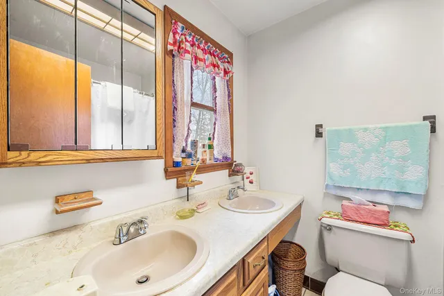 a bathroom with a sink vanity mirror and toilet