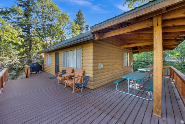 1234 Maple Lane, Unit 123 Midway, UT 84049 - Photo 11 of 19 Expansive outdoor deck featuring composite decking, a log-style exterior, and a covered patio area with a wood-plank ceiling